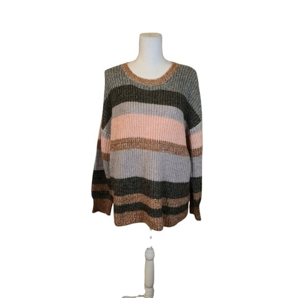 C & C California Striped Sweater Size 1X Brown Neutral Preppy Casual - Picture 1 of 9